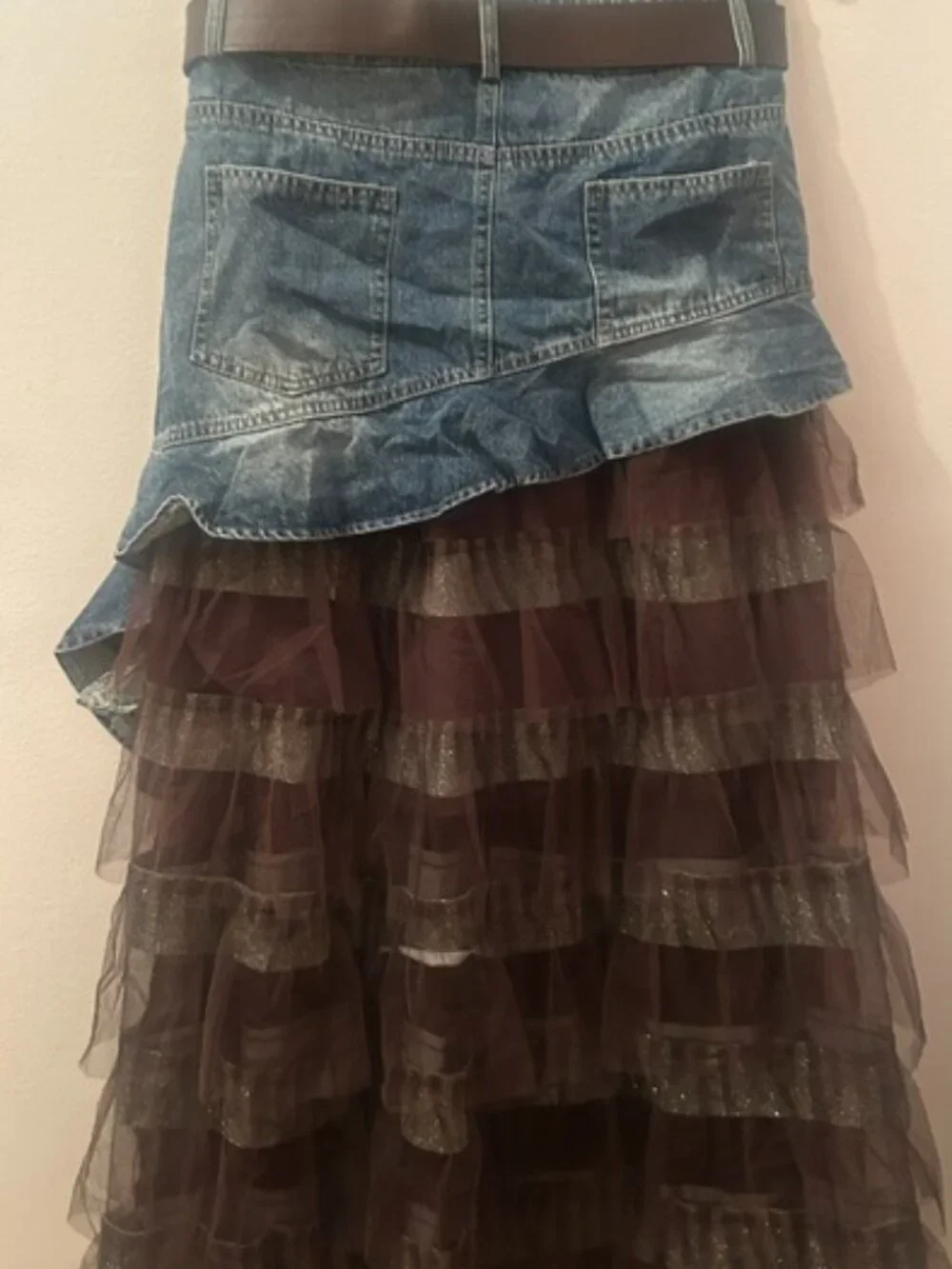 Luxe & Leather by Madonna & Co Lush Brown Tulle-Denim Belted Glitter Skirt NEW